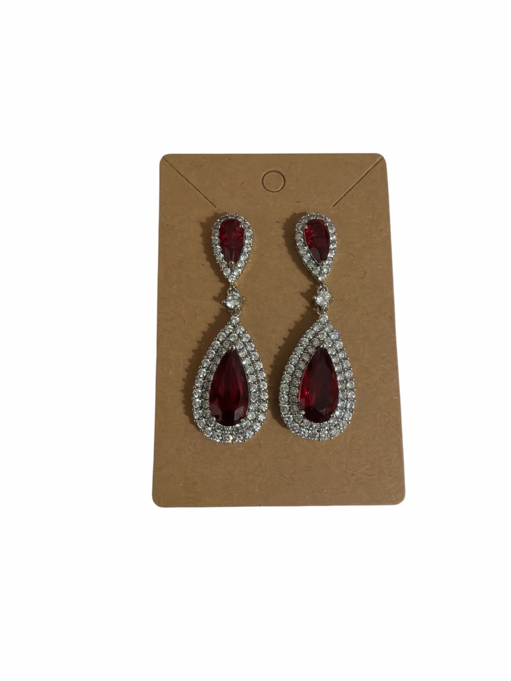 Elegant Red Teardrop Crystal Drop Halo Earrings Pear Cut Stone Cubic Zirconia